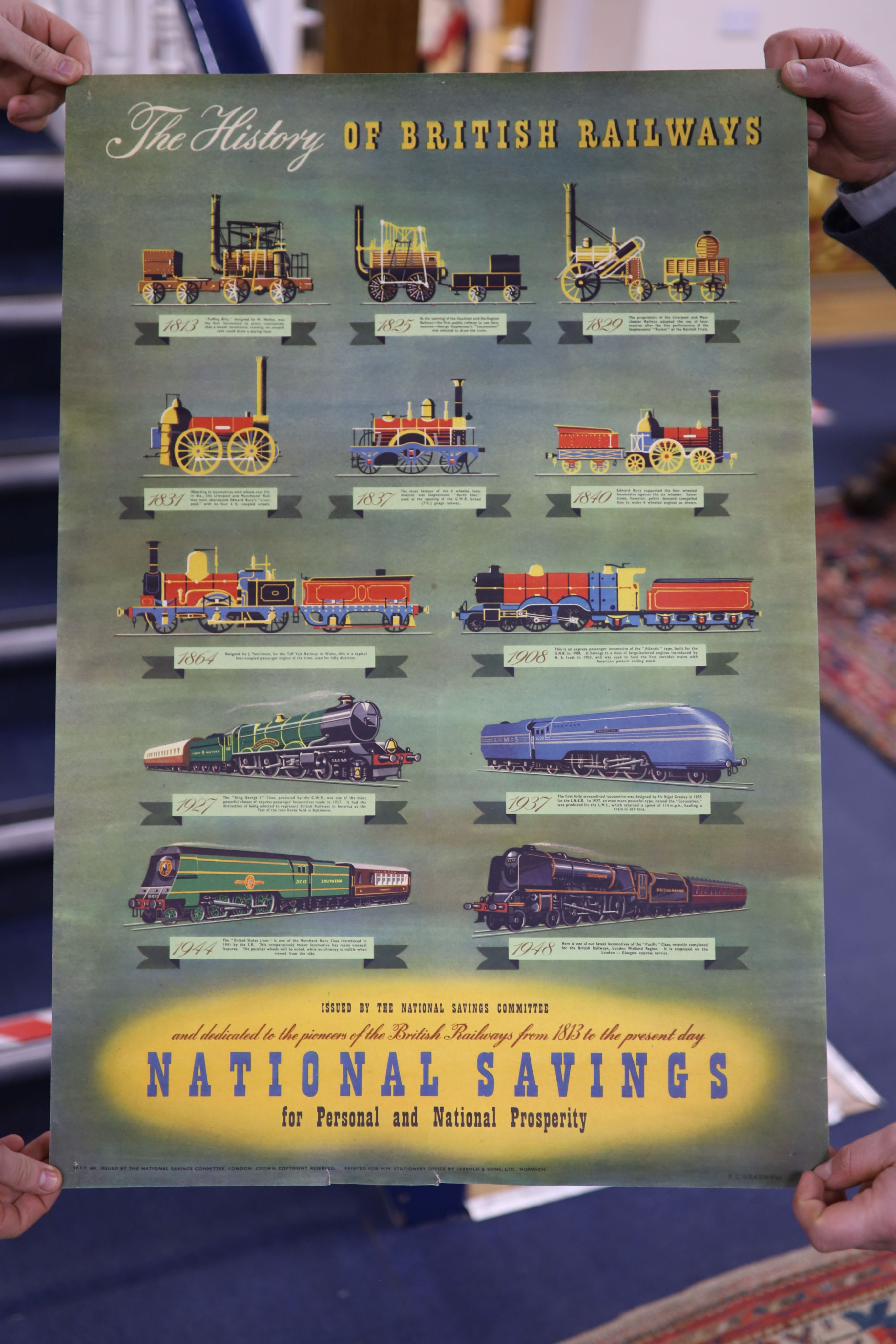 Three National Savings posters, History of British Railways, Uniforms of British Army, Fighting Ships and Uniforms of Royal Navy, all 1948